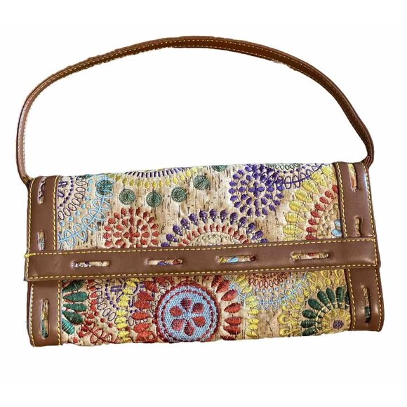 Sondra Roberts Cork Clutch, Bag, Purse Embroidered Detailed Snap Rectangular Med - Picture 1 of 16